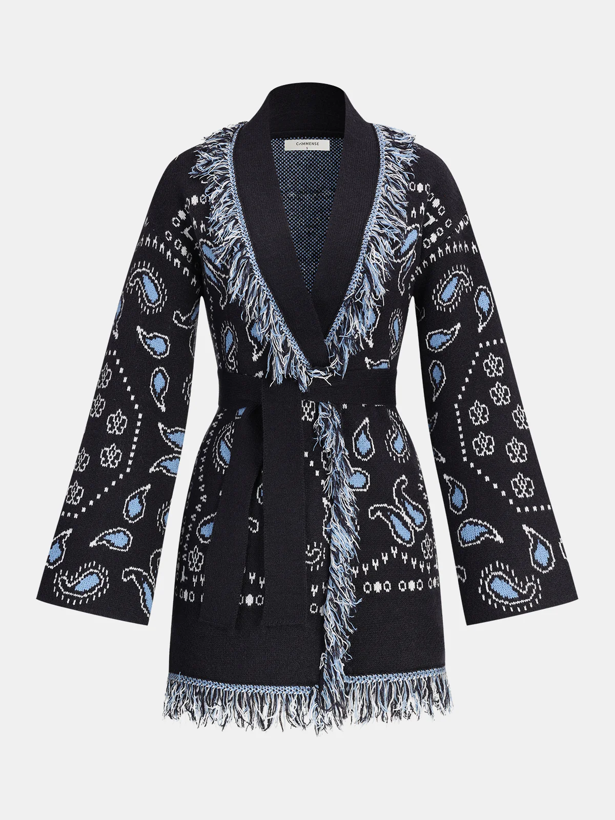 Belted Paisley Fringe Knit Cardigan