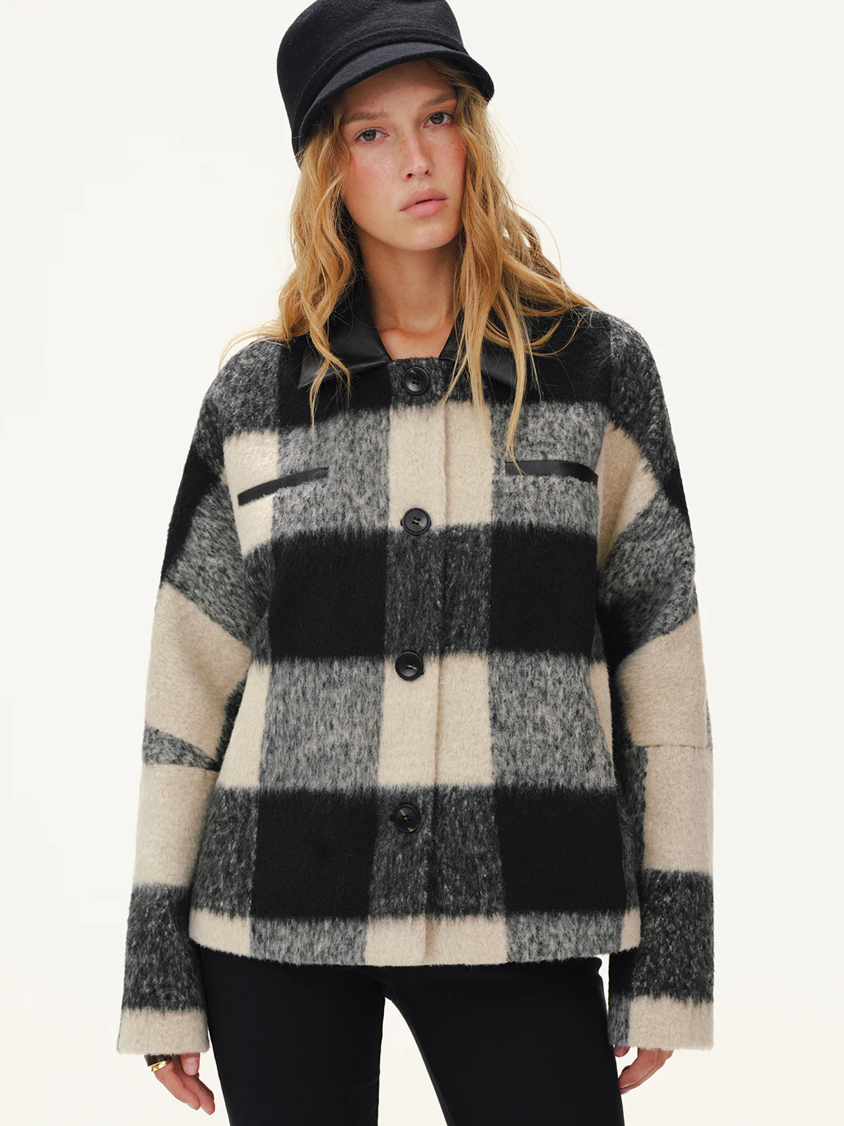 Faux Leather Collar Plaid Faux Cashmere Coat