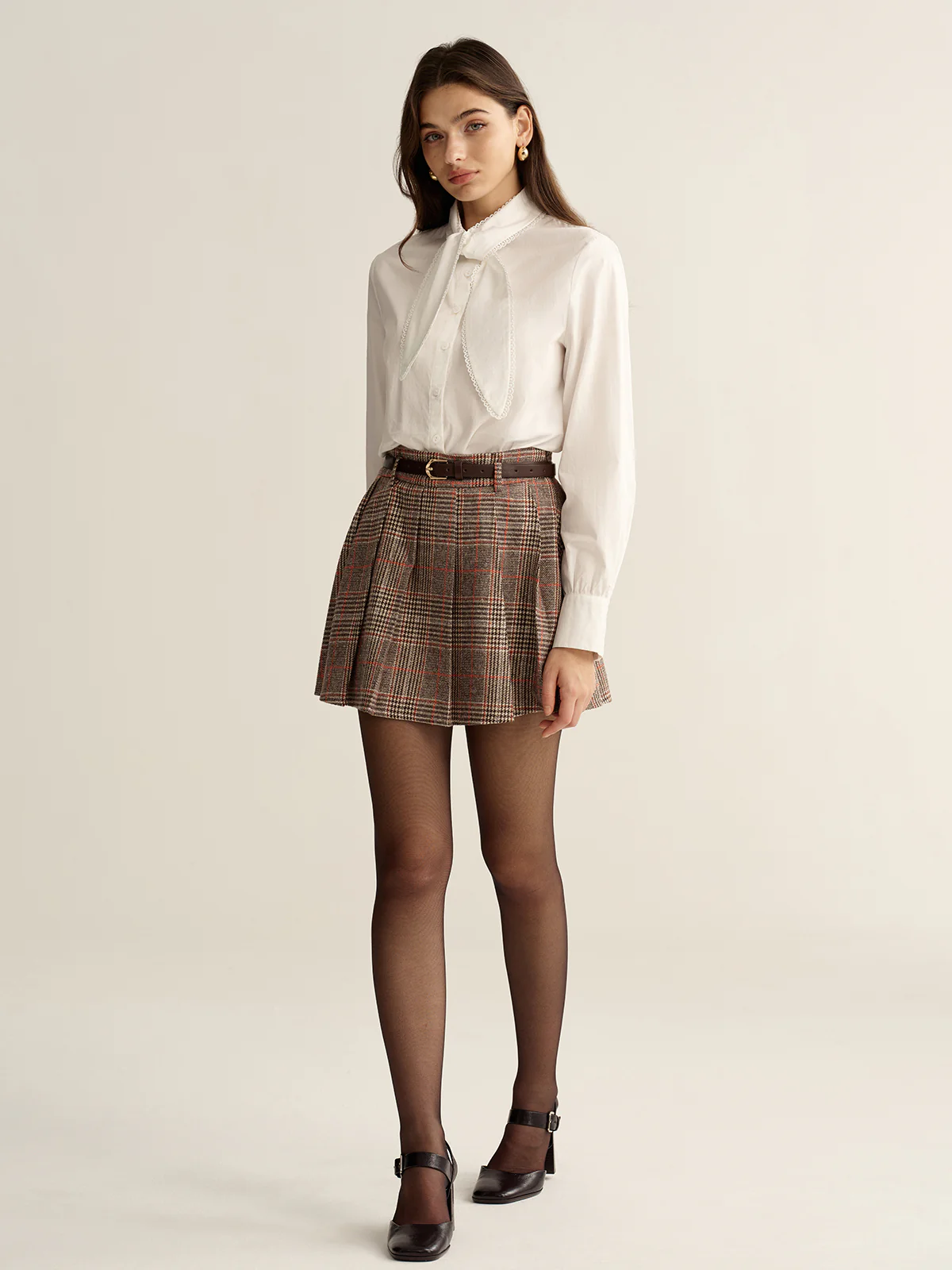 Belted Plaid Tweed Mini Skirt