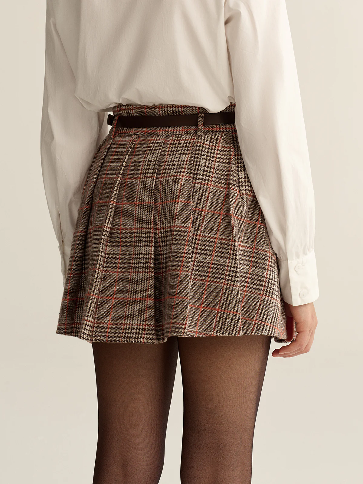 Belted Plaid Tweed Mini Skirt