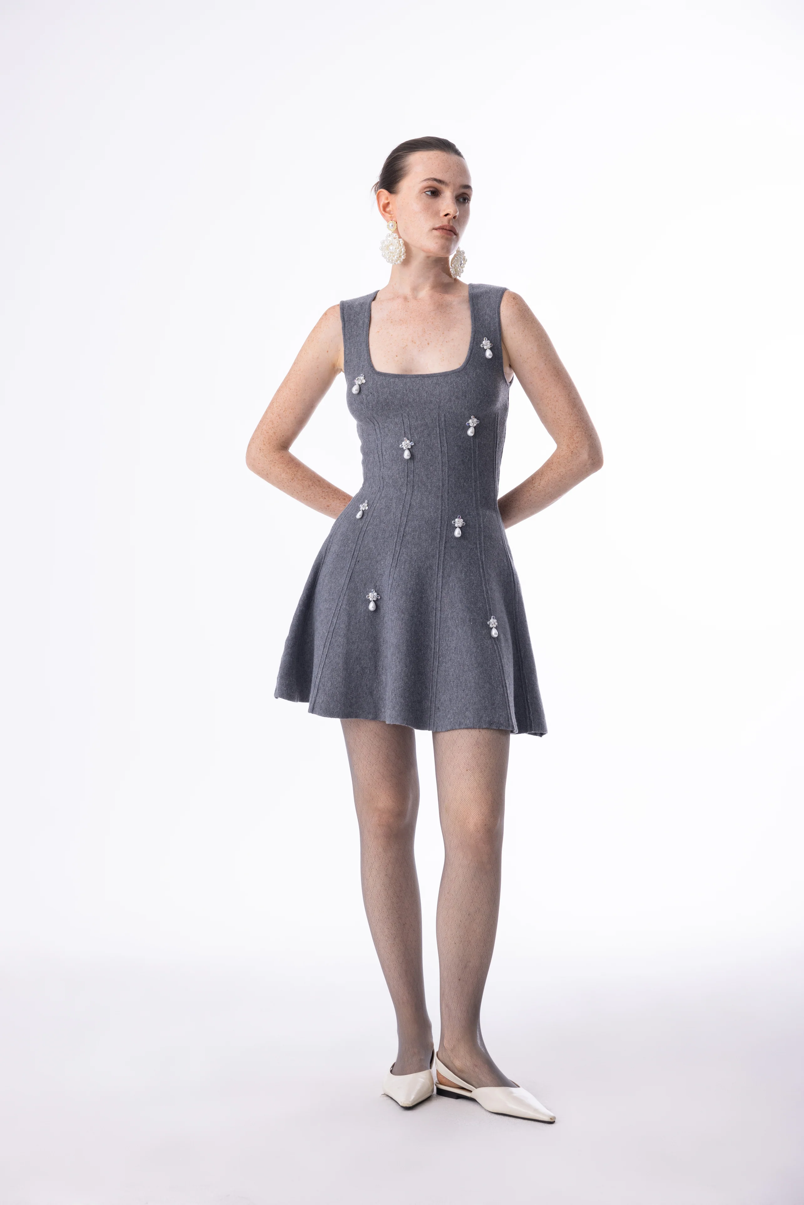Square neck pearl knit dress