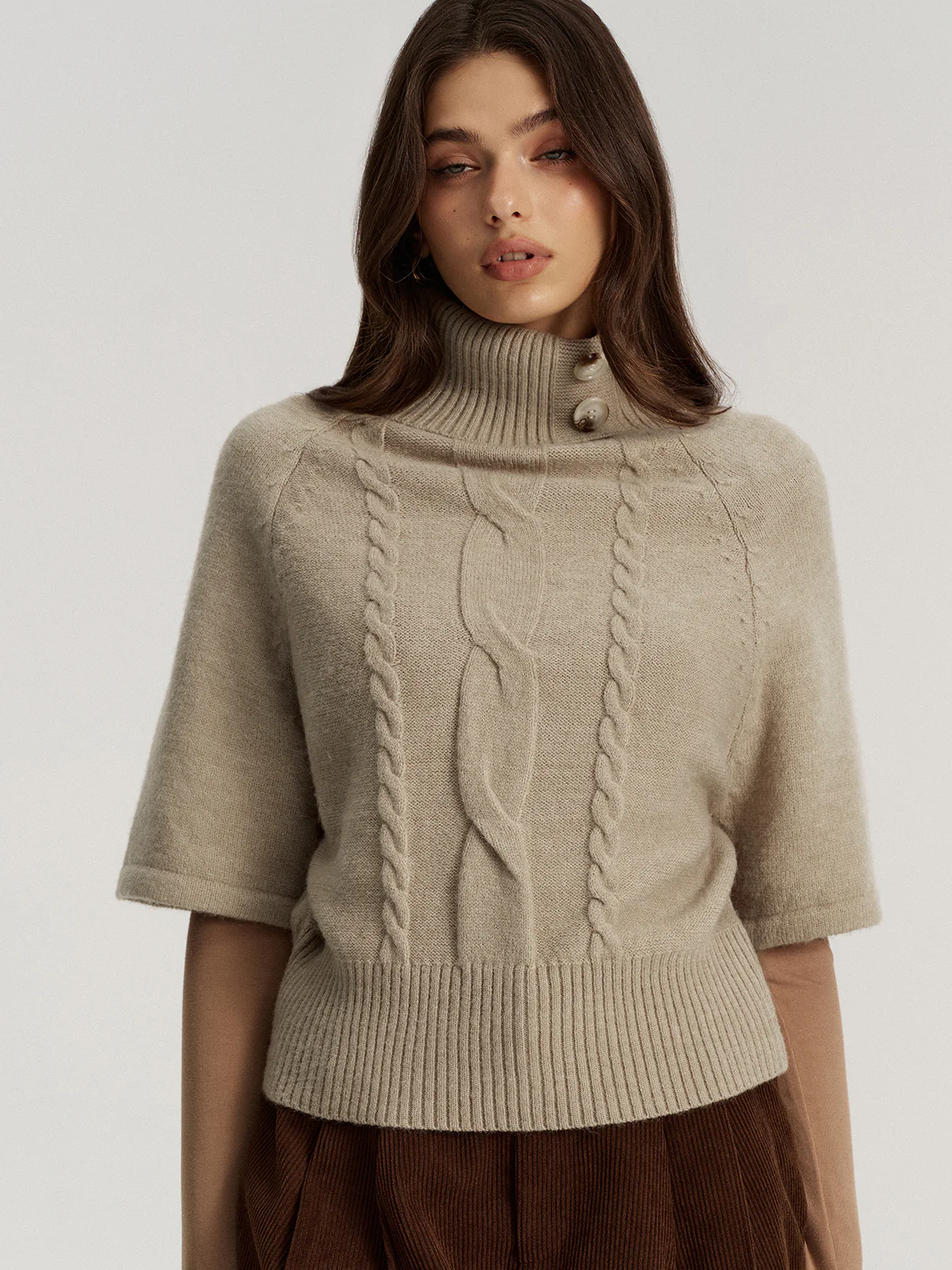 Turtleneck Cable Knit Short Sleeve Sweater without Belt