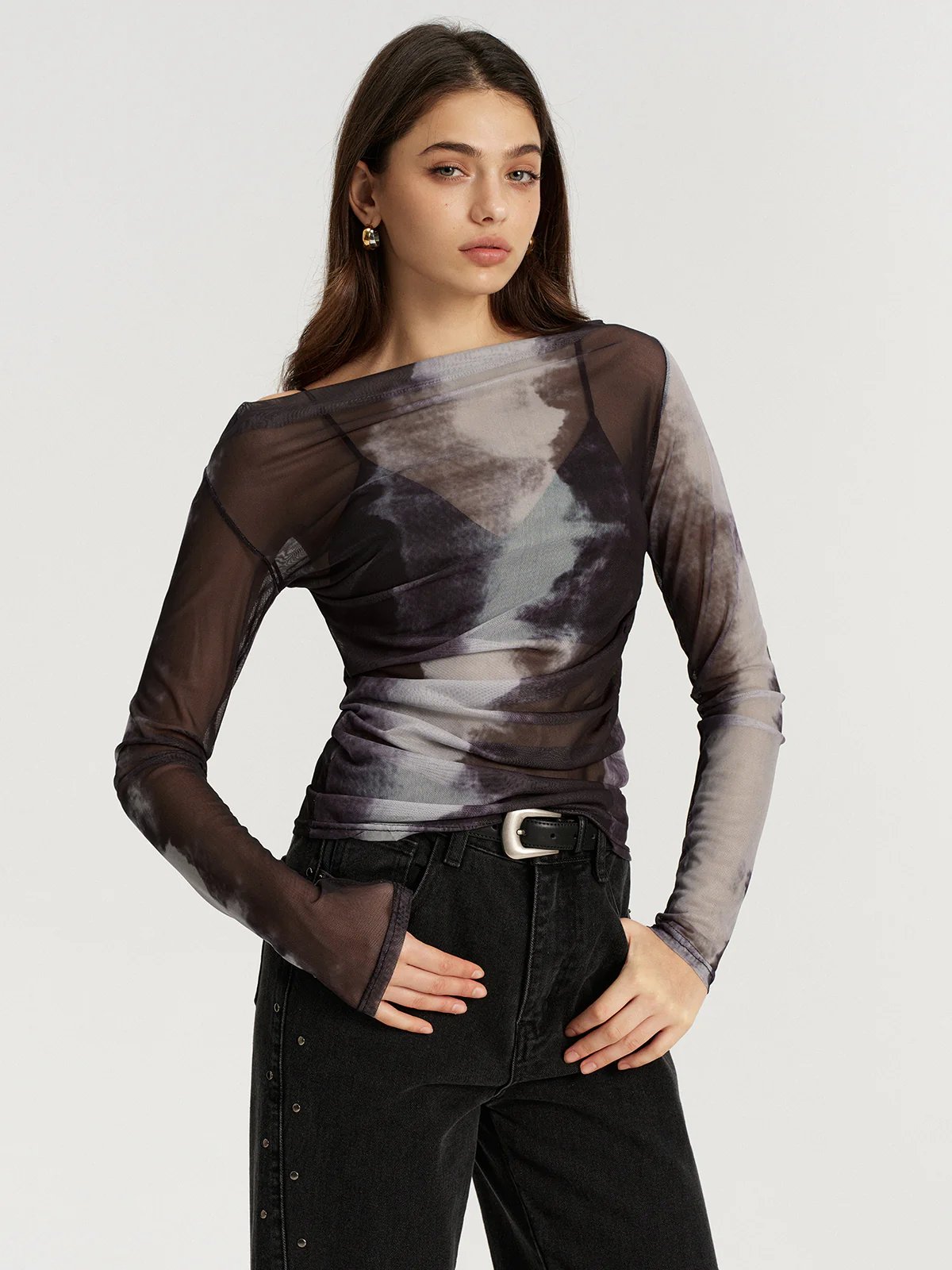 Mesh Tie-Dye Off-Shoulder Long Sleeve T-Shirt