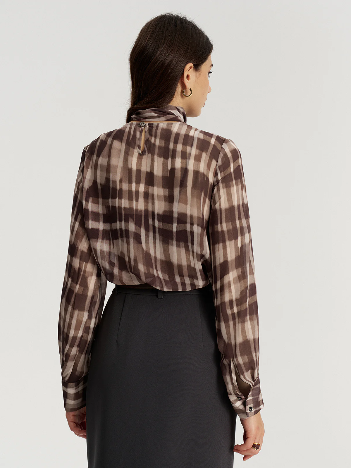 Tie Neck Plaid Semi-Sheer Chiffon Blouse