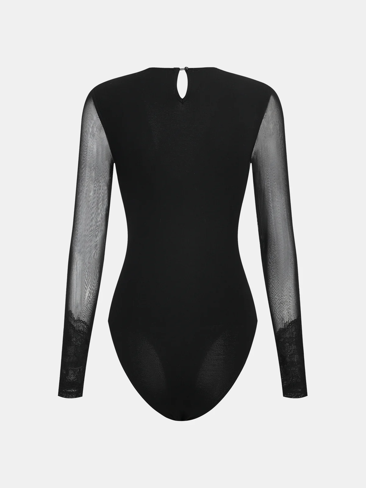 Semi-Sheer Mesh Lace Panel Long-Sleeve Bodysuit