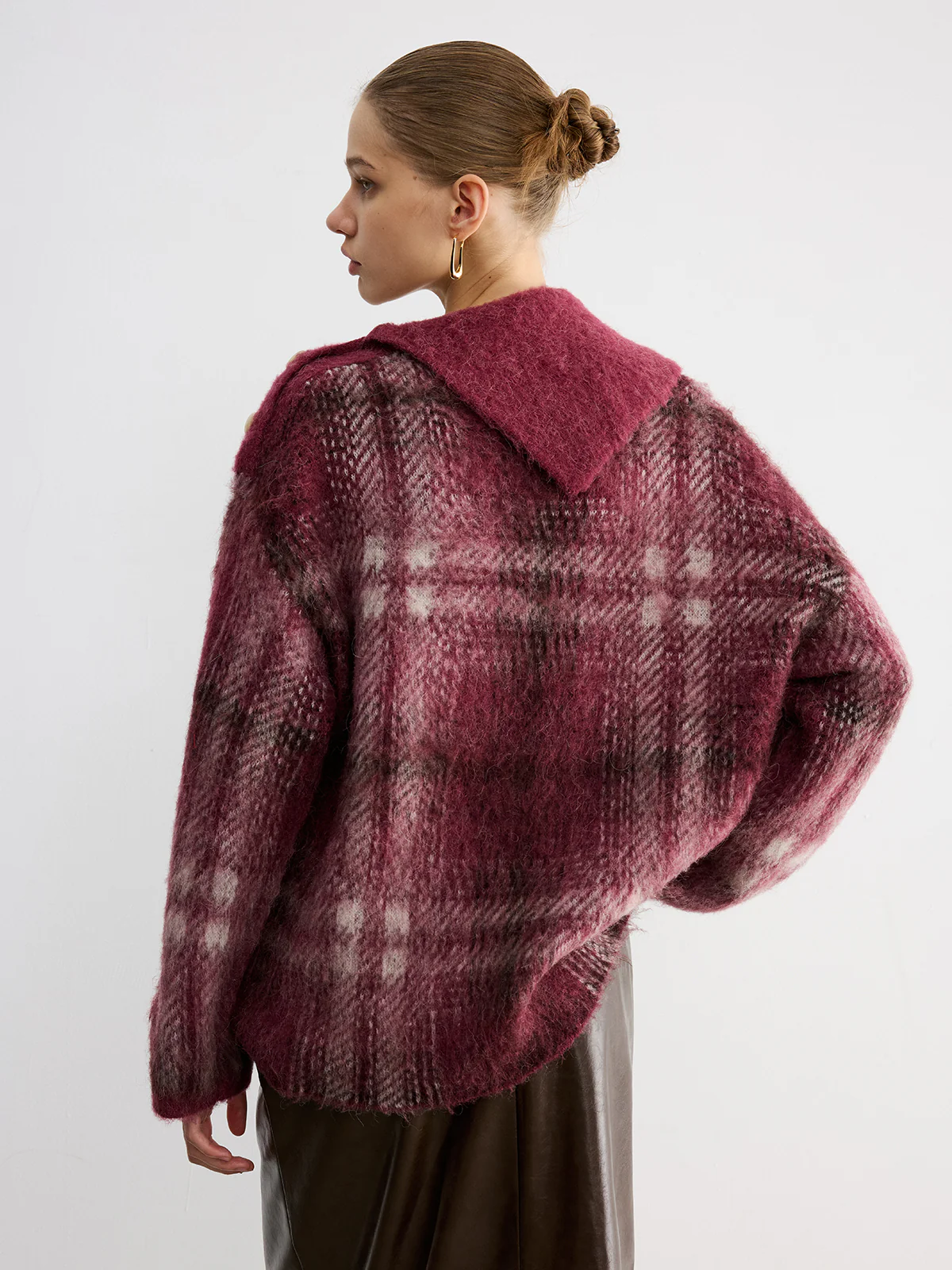 Wool Blend Plaid Asymmetric Collar Buttoned Sweater