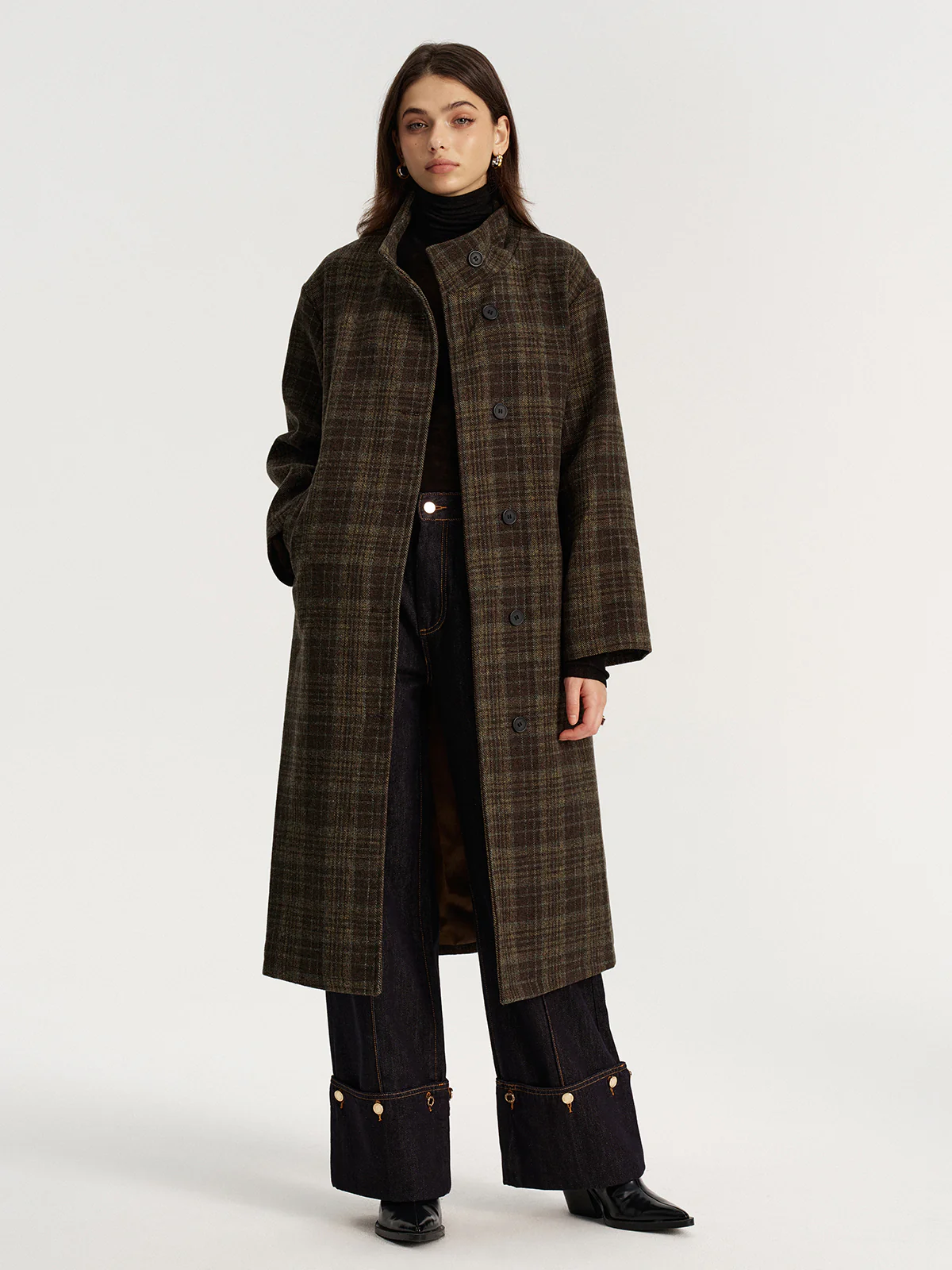 Belted Plaid Tweed Long Coat