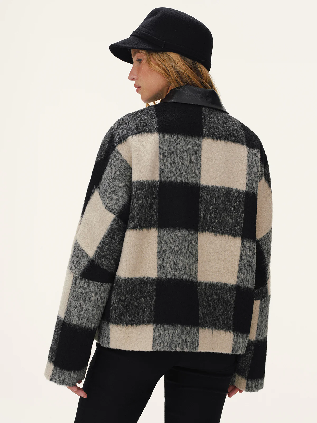 Faux Leather Collar Plaid Faux Cashmere Coat