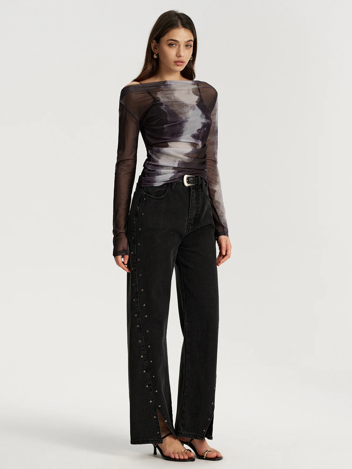 Mesh Tie-Dye Off-Shoulder Long Sleeve T-Shirt