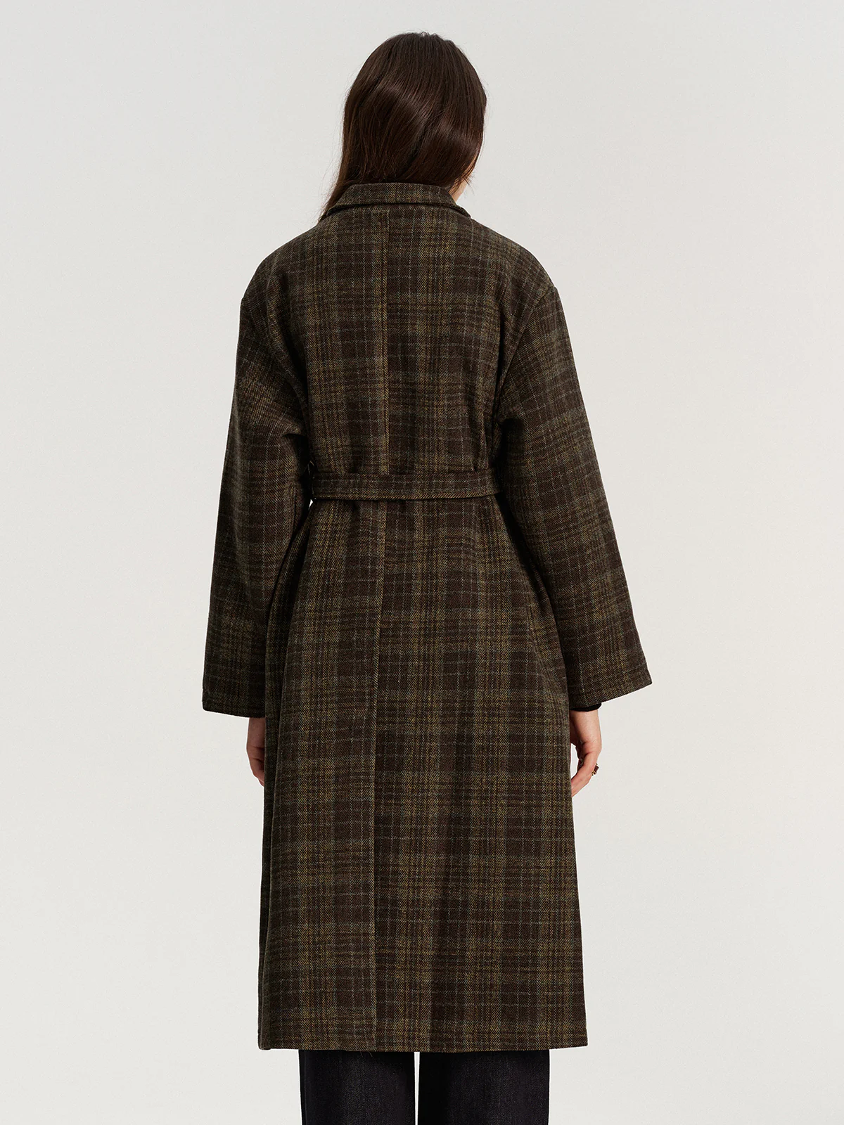 Belted Plaid Tweed Long Coat