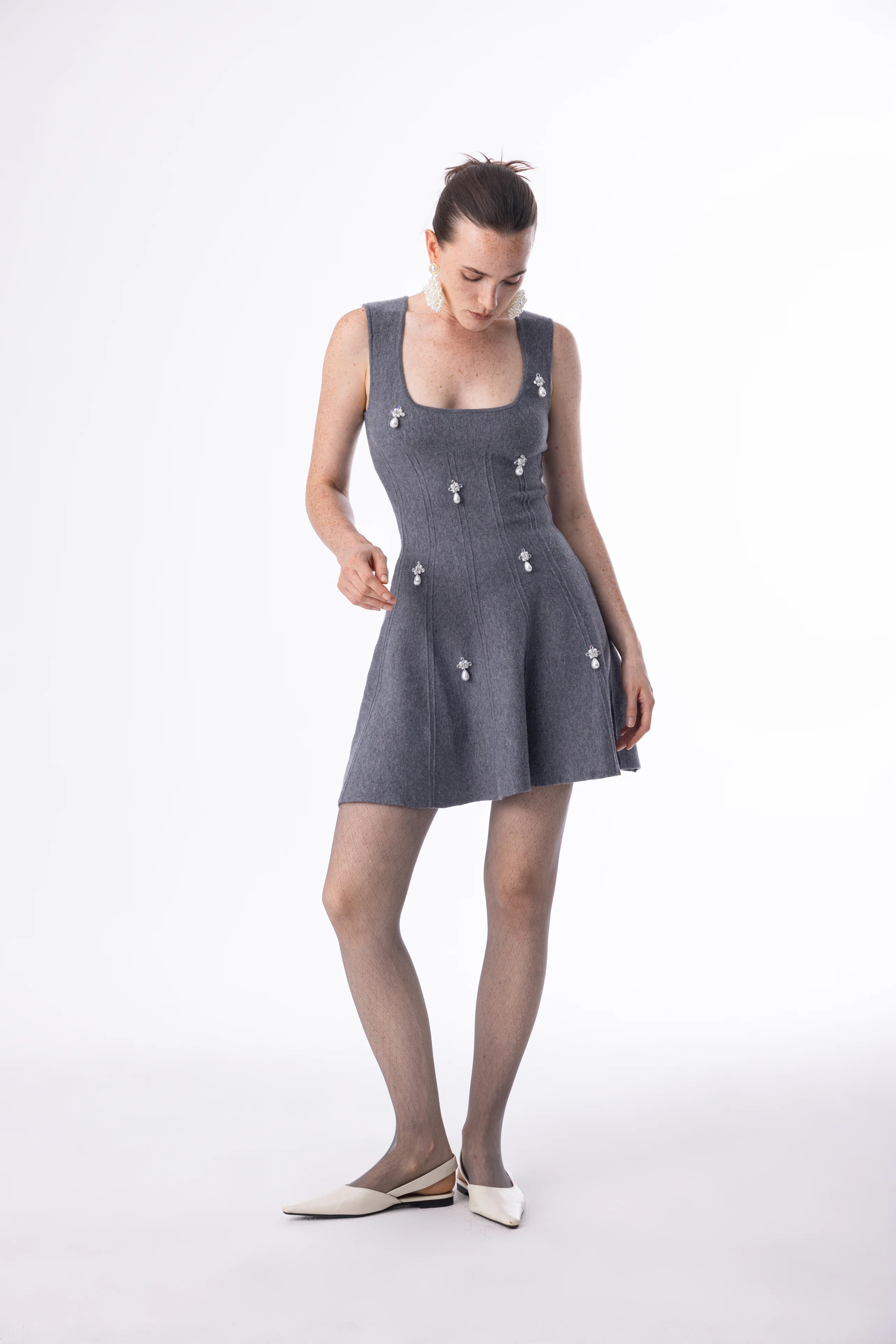 Square neck pearl knit dress