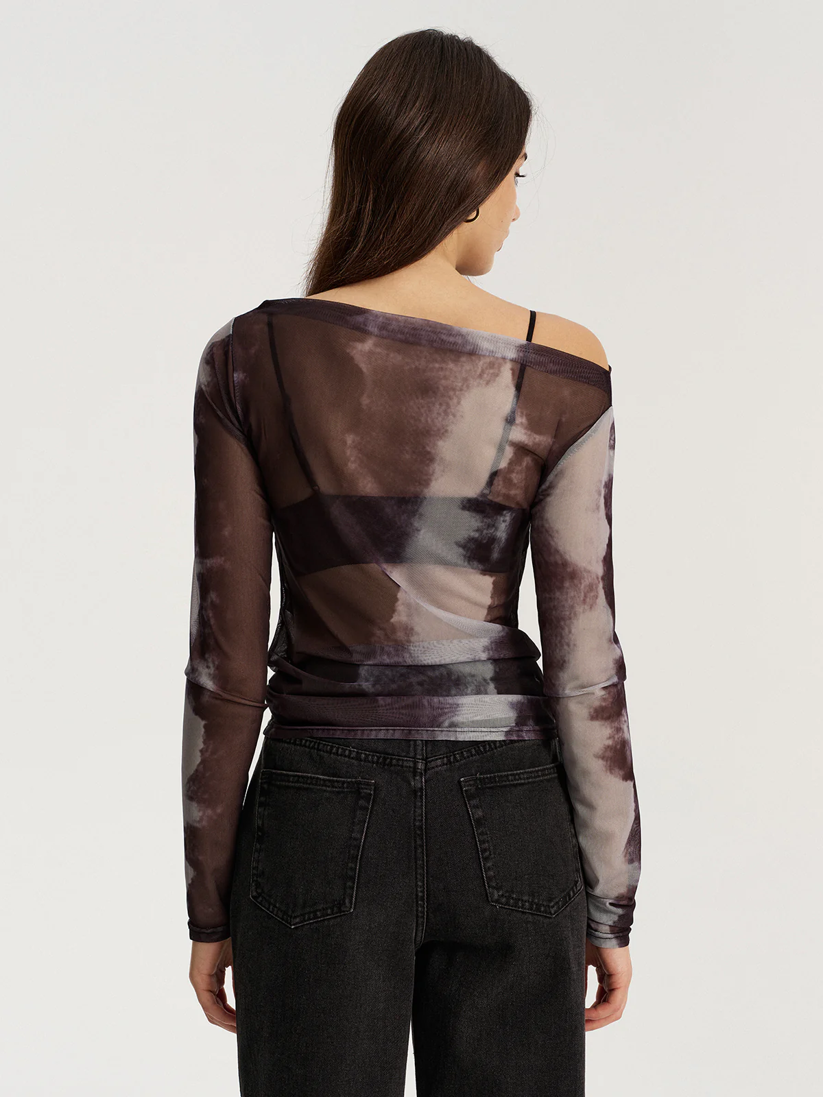 Mesh Tie-Dye Off-Shoulder Long Sleeve T-Shirt