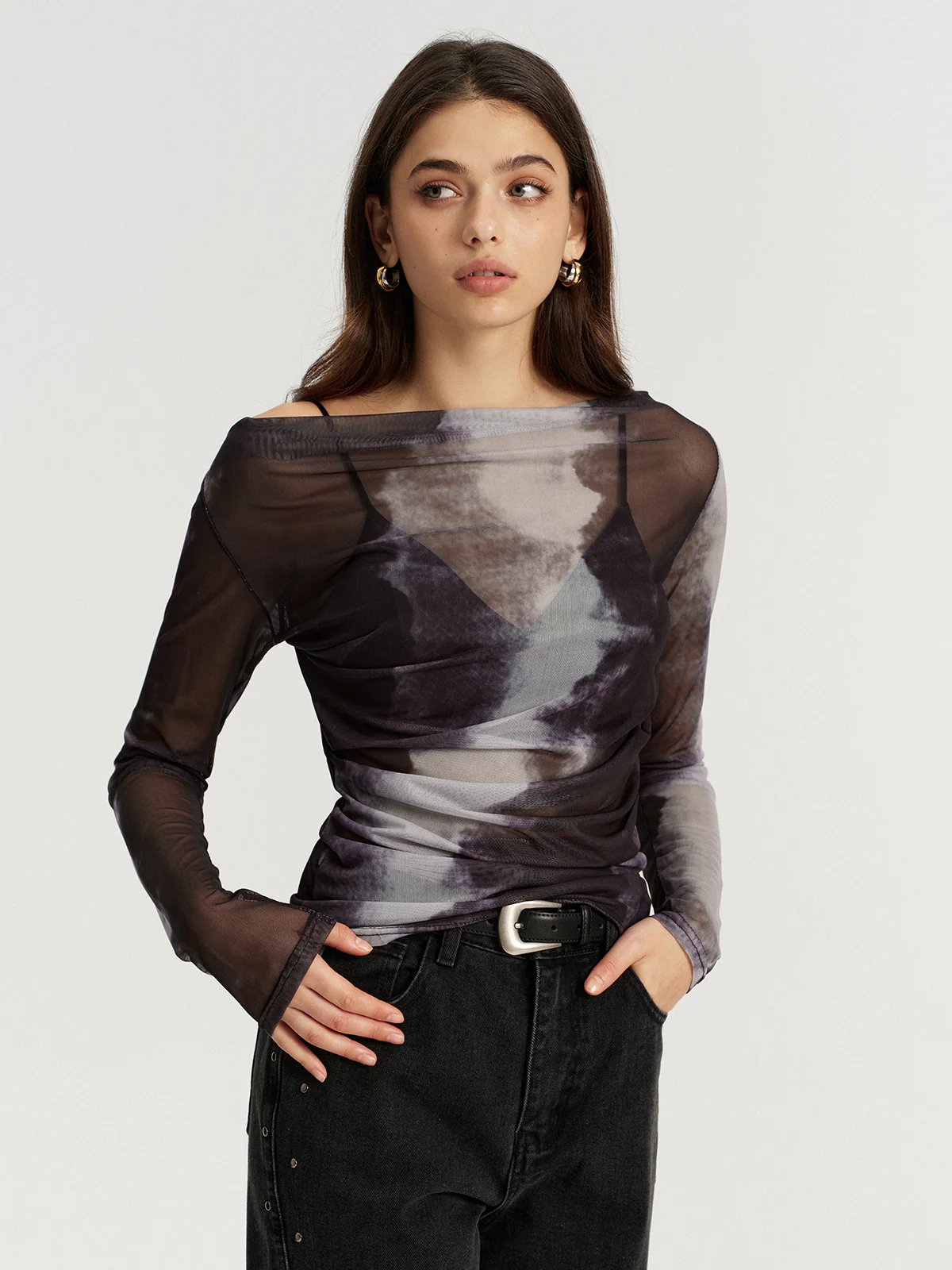 Mesh Tie-Dye Off-Shoulder Long Sleeve T-Shirt