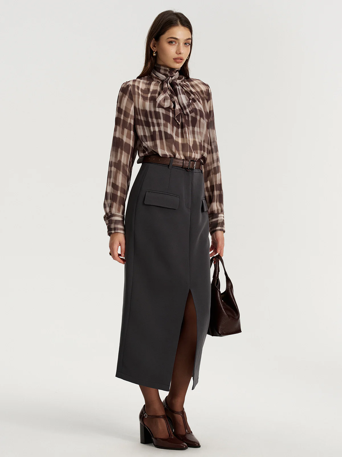 Tie Neck Plaid Semi-Sheer Chiffon Blouse