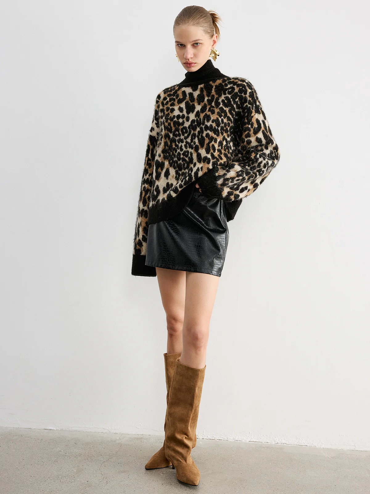 Wool Blend Leopard Turtleneck Knit Top