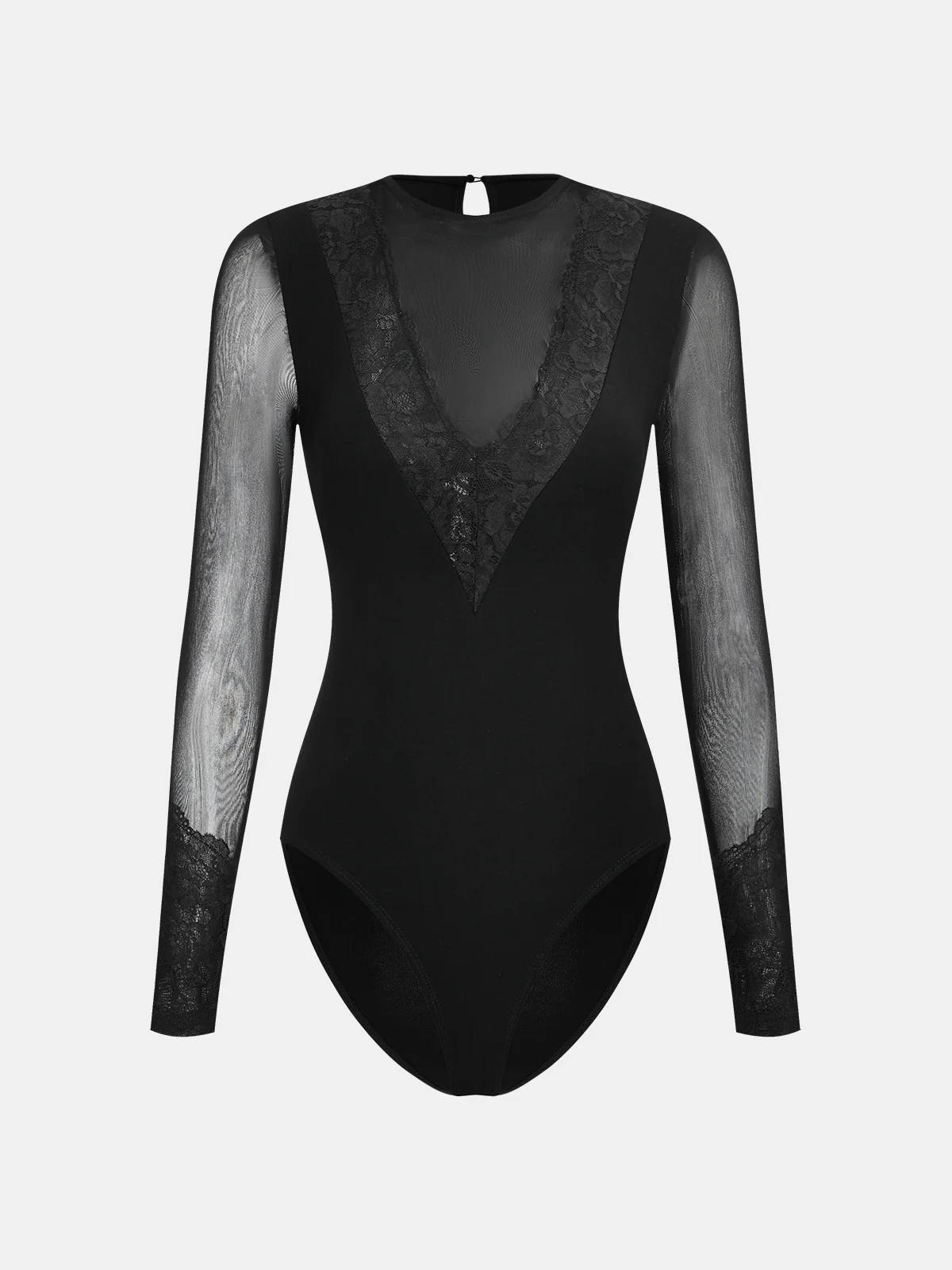 Semi-Sheer Mesh Lace Panel Long-Sleeve Bodysuit