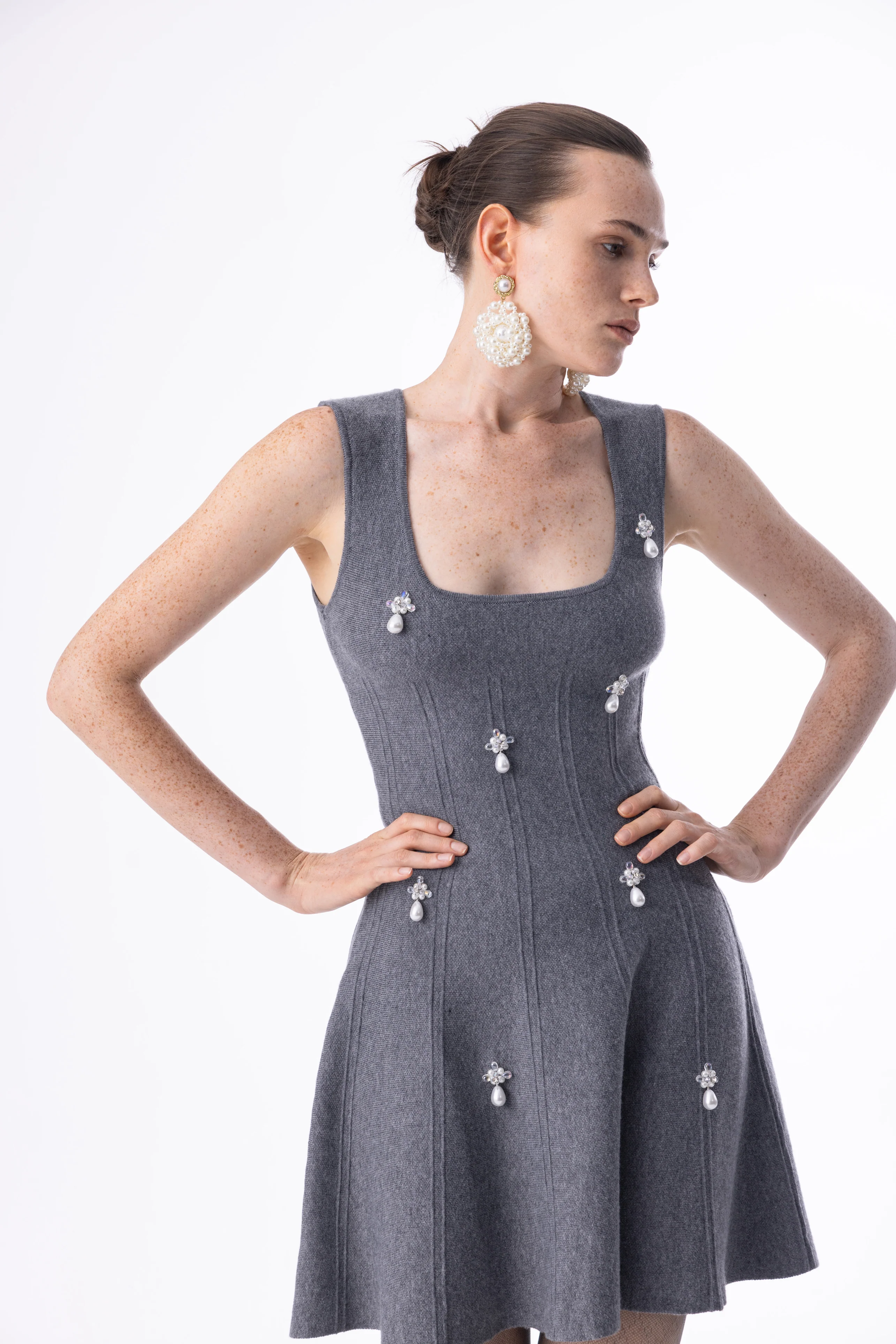 Square neck pearl knit dress