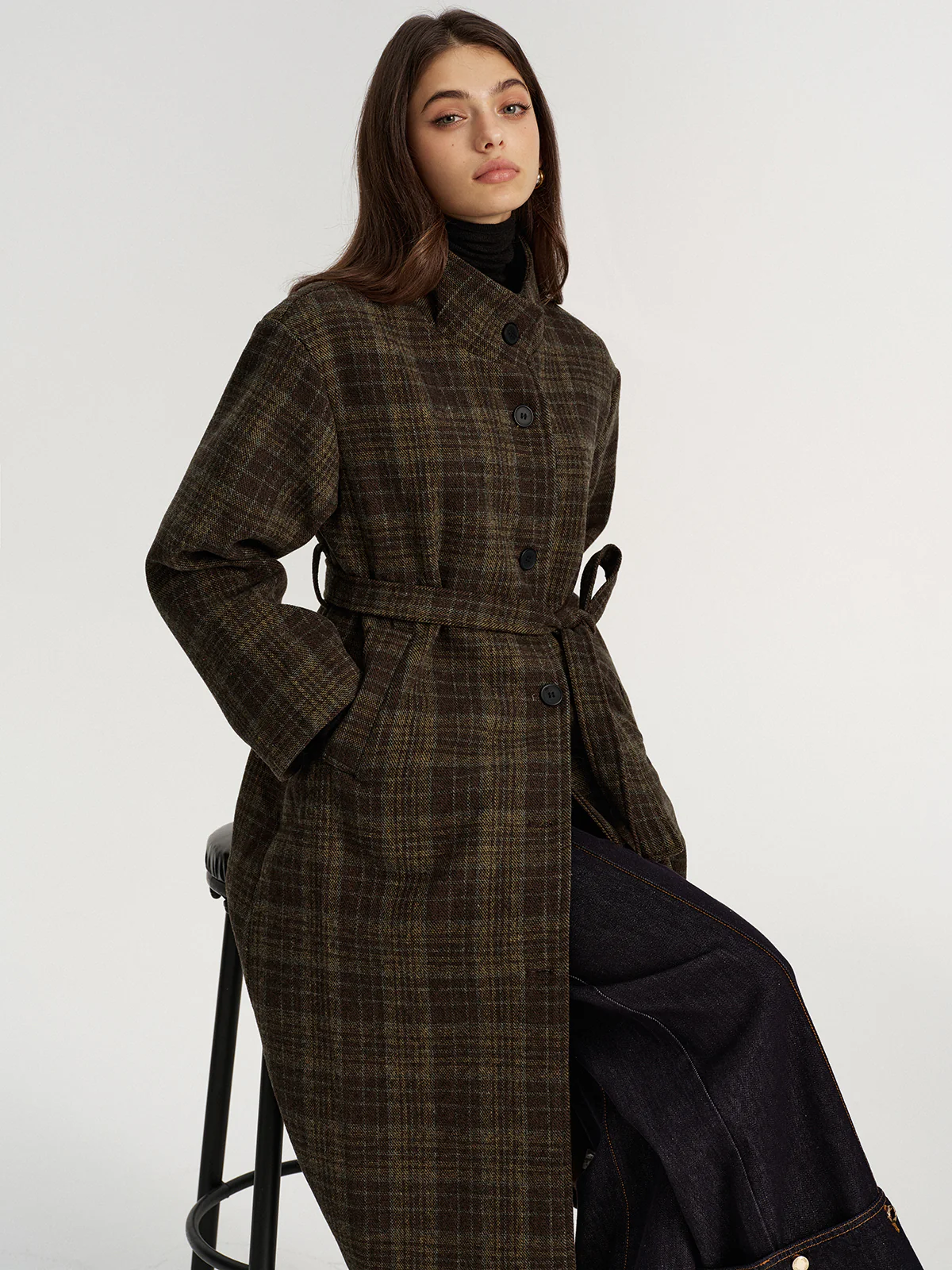 Belted Plaid Tweed Long Coat